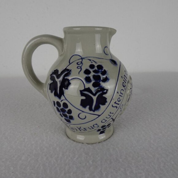 German Salt Glaze Wine Jug Pitcher 4.5" Tall Stoneware Pottery Gray & Blue - Picture 4 of 9
